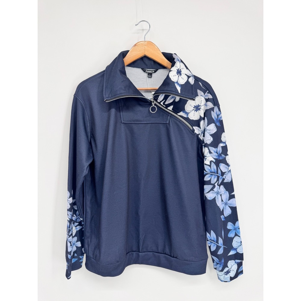 Acegolfs Quarter Zip Pullover Women L Floral Blue UPF 50 Golf Tennis Prep Casual